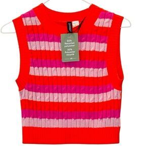 NWT H&M Divided Stripe Cable Knit Cropped Vest Sweater Orange Pink Size Small